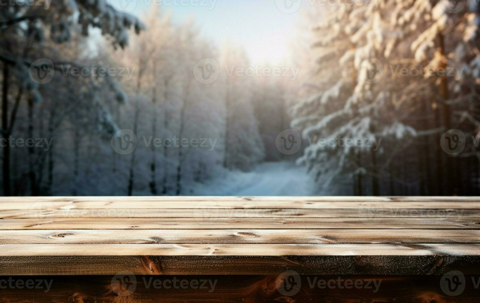 AI generated Empty Winter wood plank board Table With Snowfall AI Generated photo