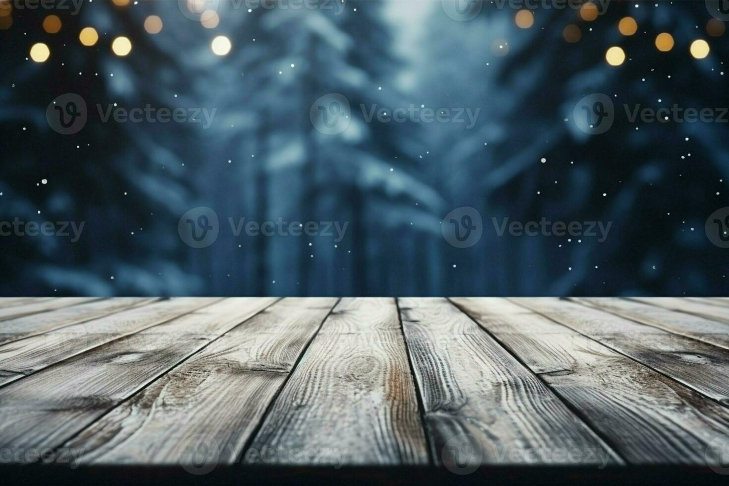 AI generated Empty Winter wood plank board Table With Snowfall AI Generated photo