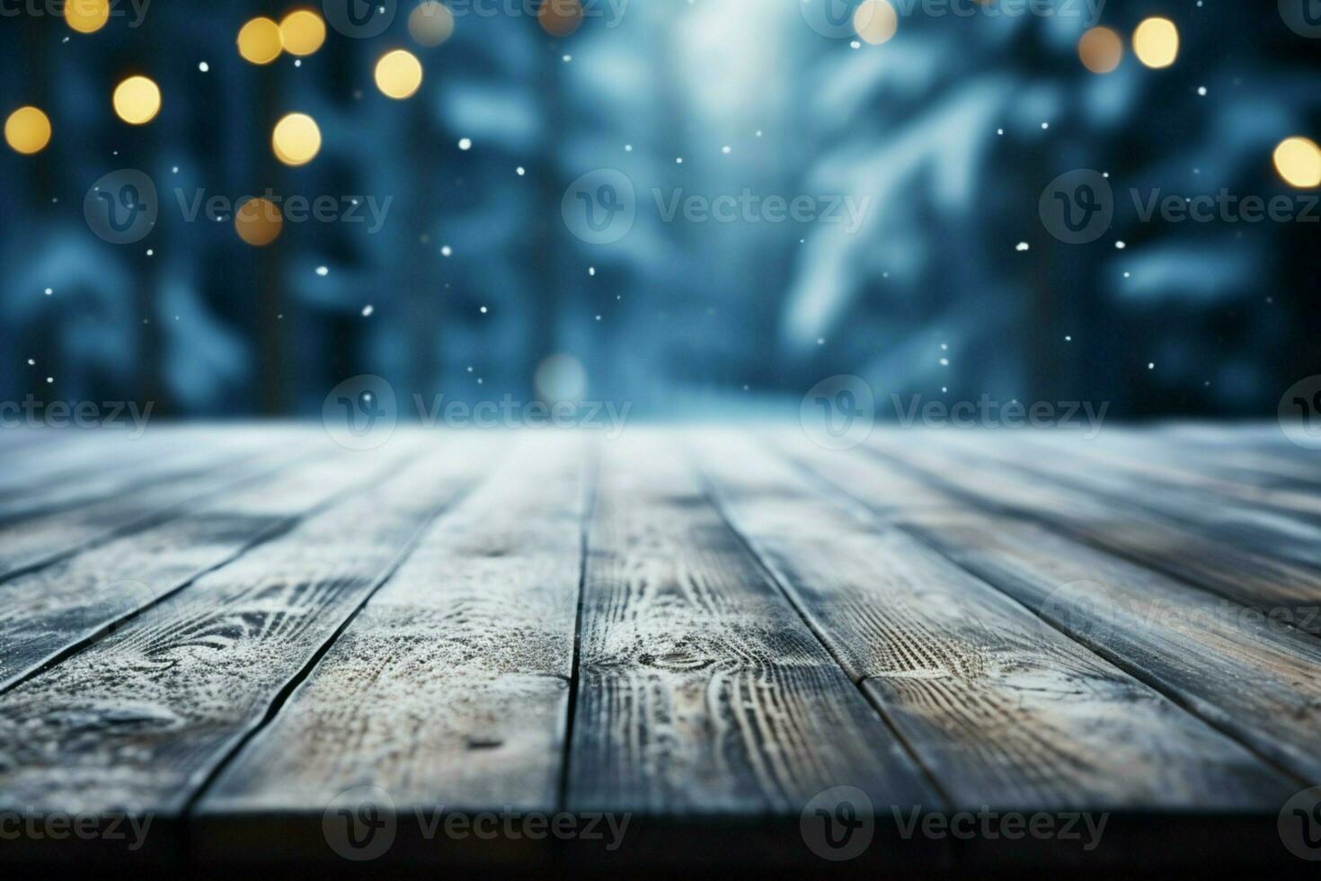 AI generated Empty Winter wood plank board Table With Snowfall AI Generated photo