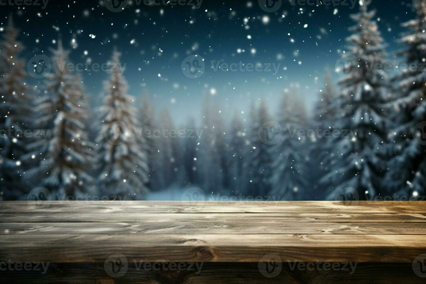 AI generated Empty Winter wood plank board Table With Snowfall AI Generated photo