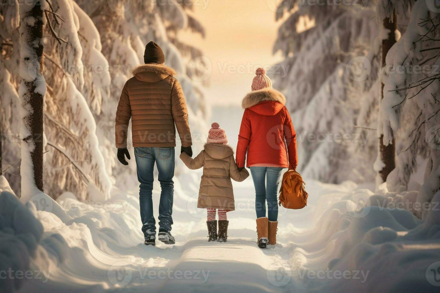 AI generated Rear view of family in winter vacation snowy AI Generated photo