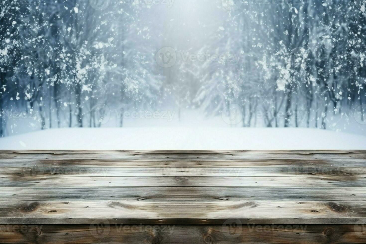 AI generated Empty Winter wood plank board Table With Snowfall AI Generated photo