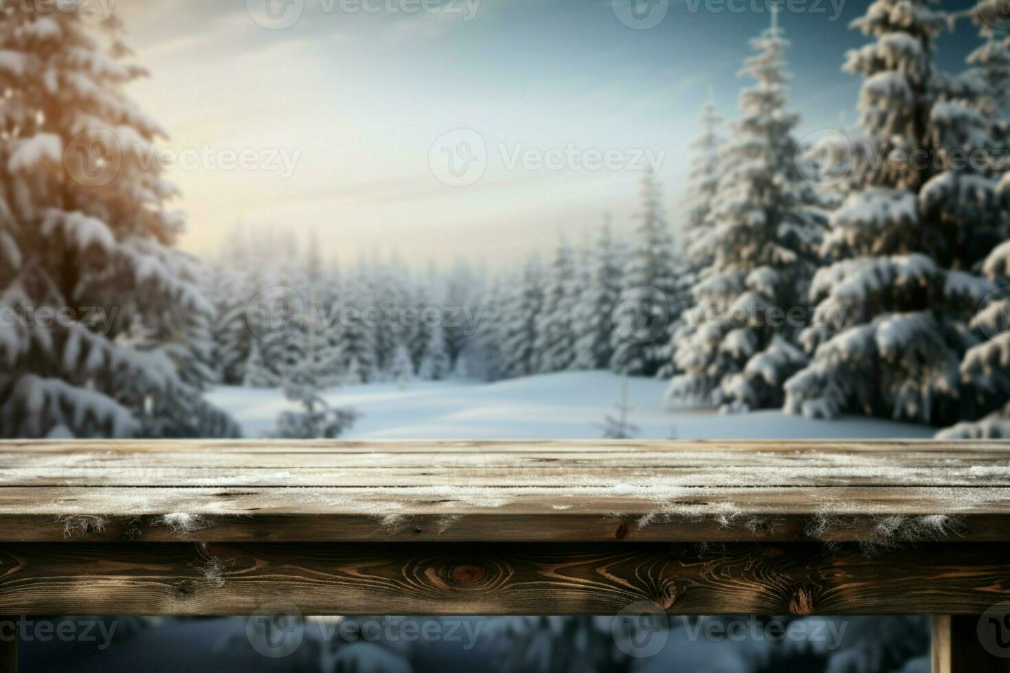 AI generated Empty Winter wood plank board Table With Snowfall AI Generated photo