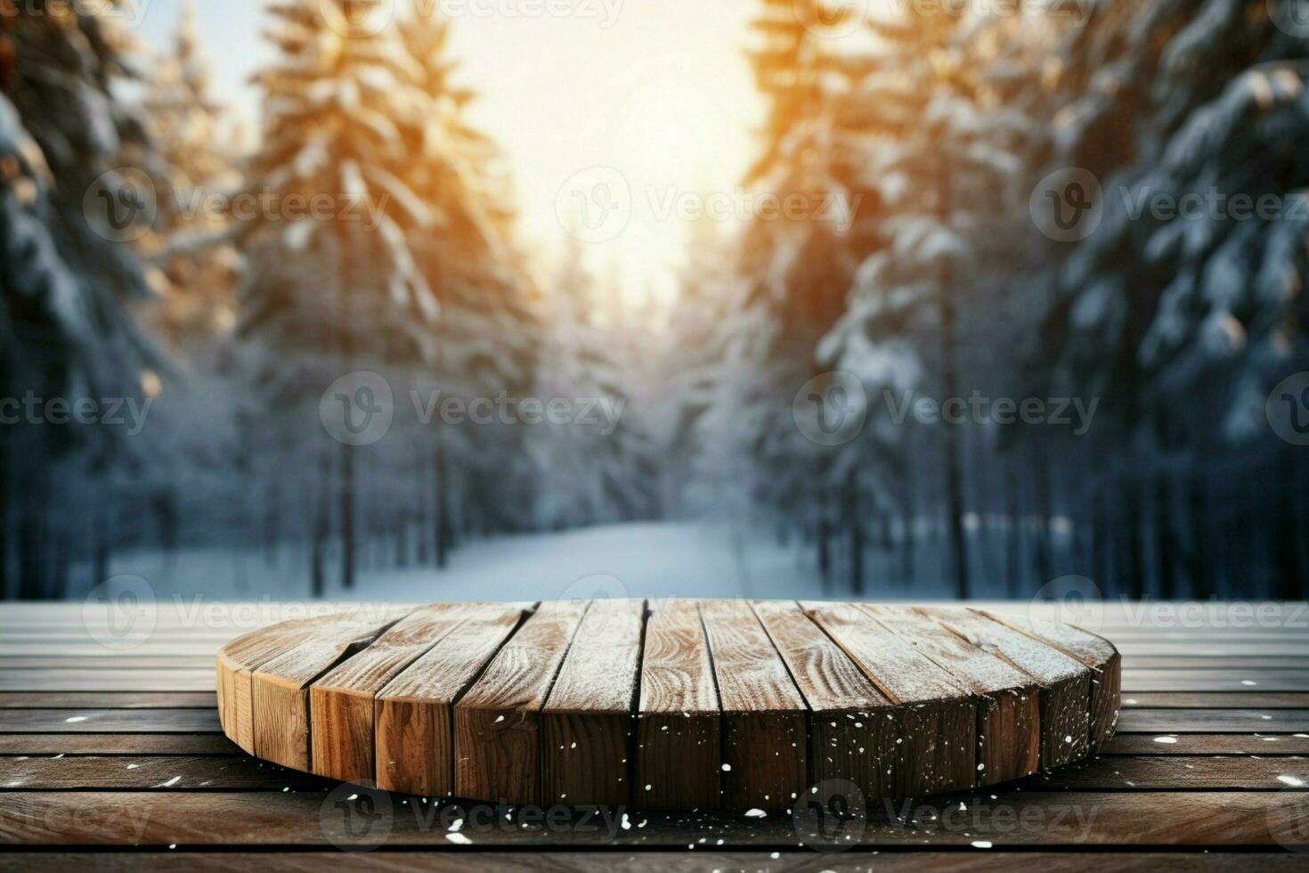 AI generated Empty Winter wood plank board Table With Snowfall AI Generated photo