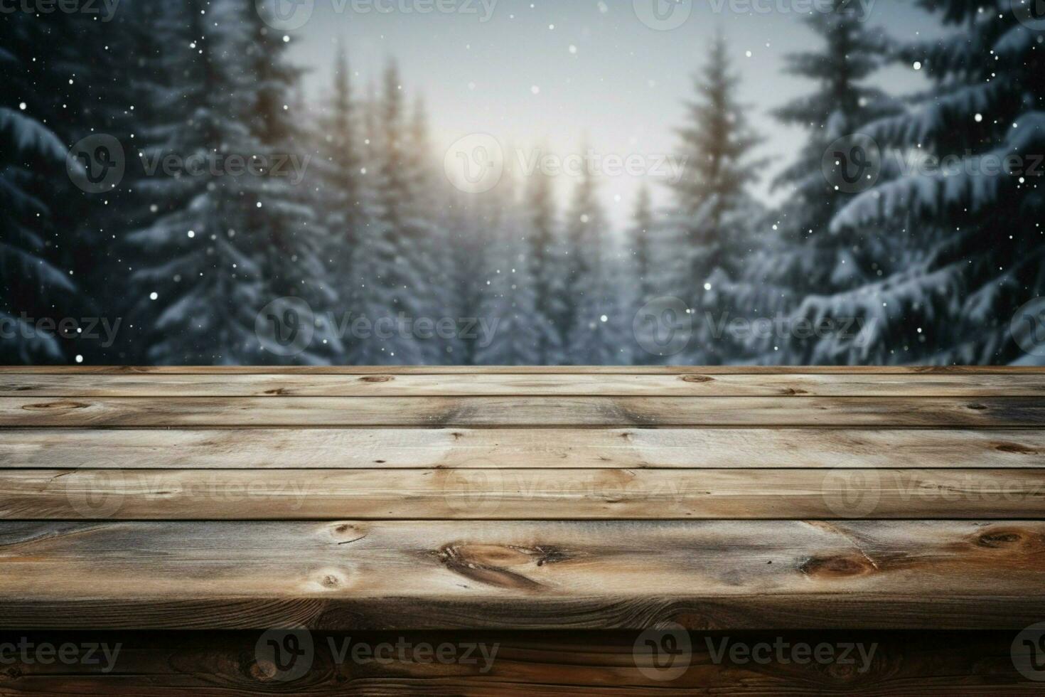 AI generated Empty Winter wood plank board Table With Snowfall AI Generated photo