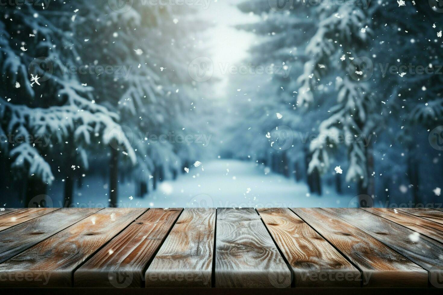 AI generated Empty Winter wood plank board Table With Snowfall AI Generated photo