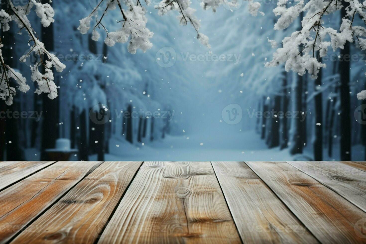 AI generated Empty Winter wood plank board Table With Snowfall AI Generated photo