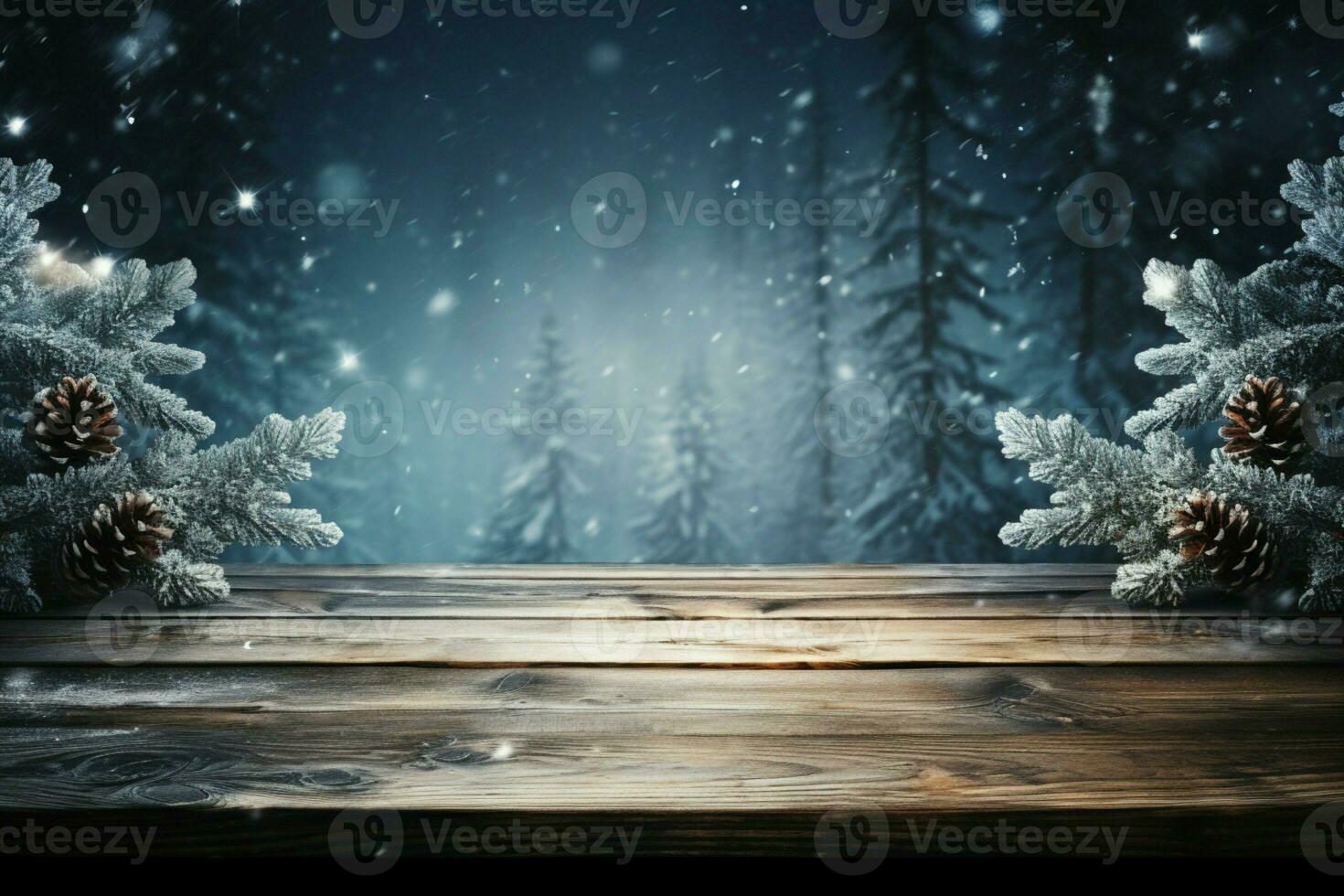 AI generated Empty Winter wood plank board Table With Snowfall AI Generated photo