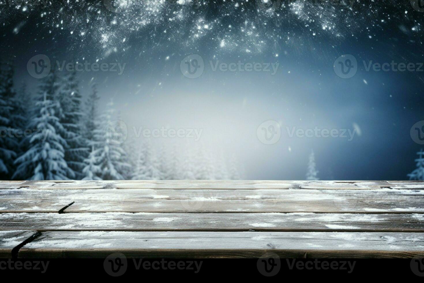 AI generated Empty Winter wood plank board Table With Snowfall AI Generated photo