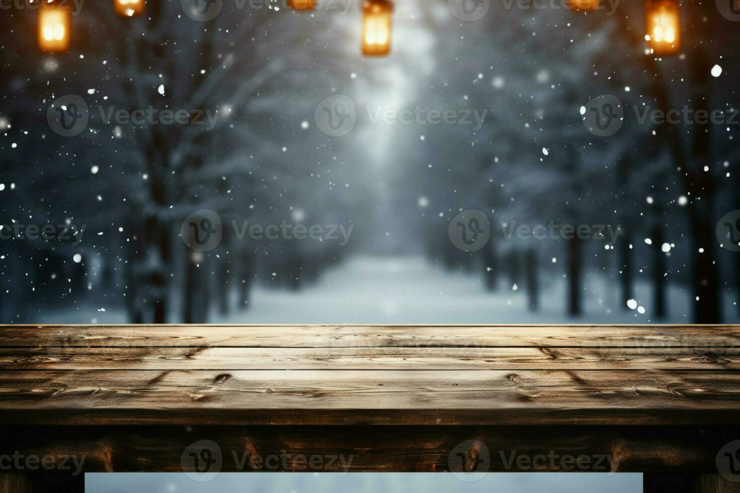 AI generated Empty Winter wood plank board Table With Snowfall AI Generated photo