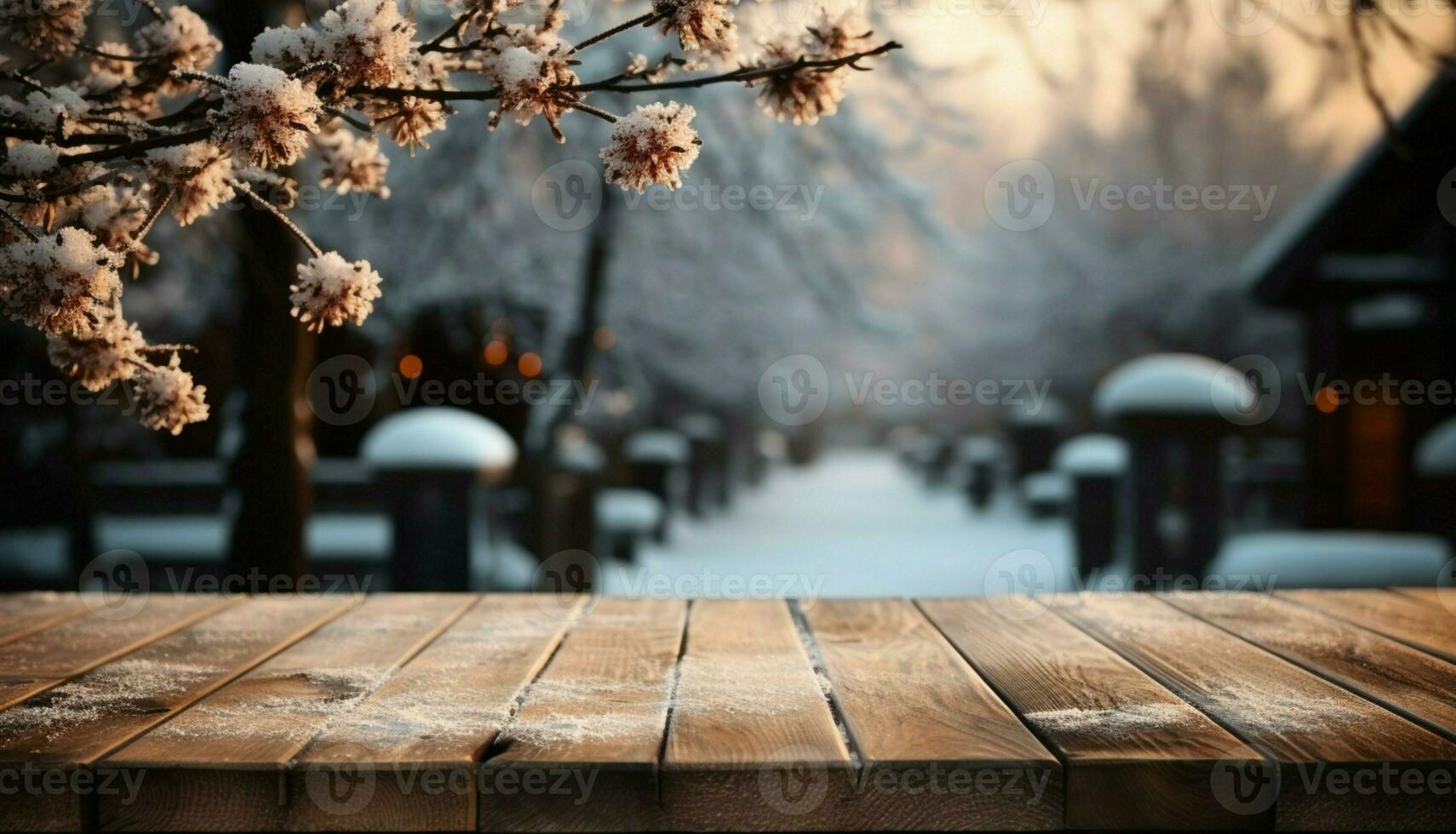 AI generated Empty Winter wood plank board Table With Snowfall AI Generated photo