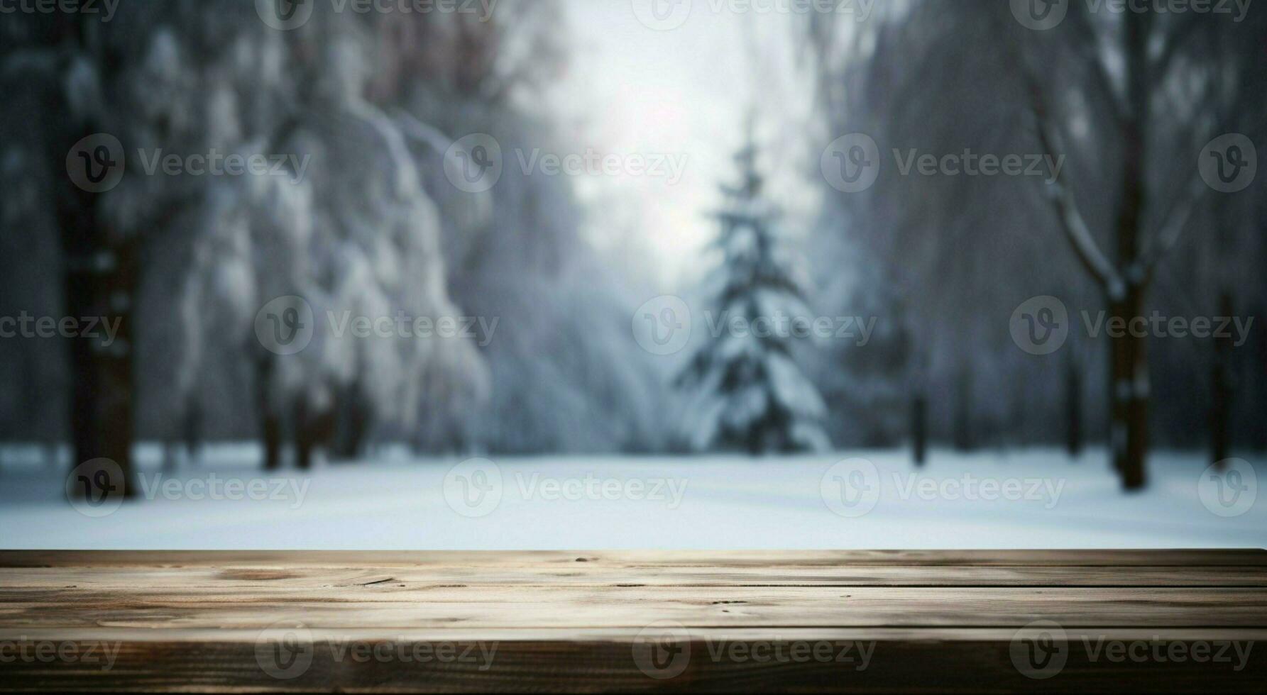 AI generated Empty Winter wood plank board Table With Snowfall AI Generated photo