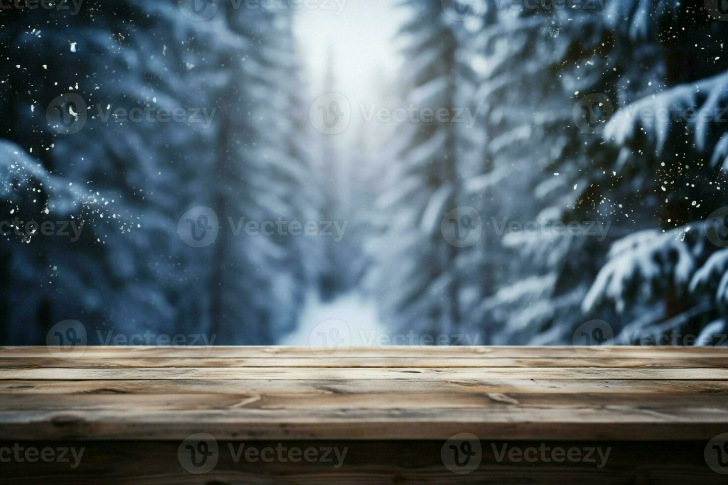 AI generated Empty Winter wood plank board Table With Snowfall AI Generated photo