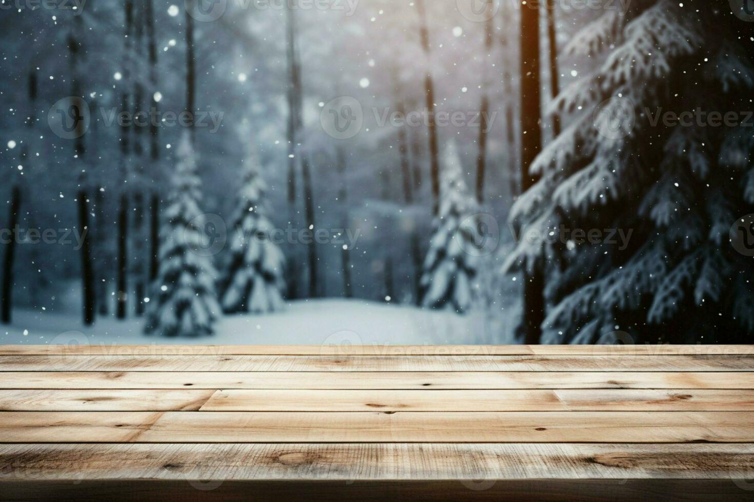 AI generated Empty Winter wood plank board Table With Snowfall AI Generated photo