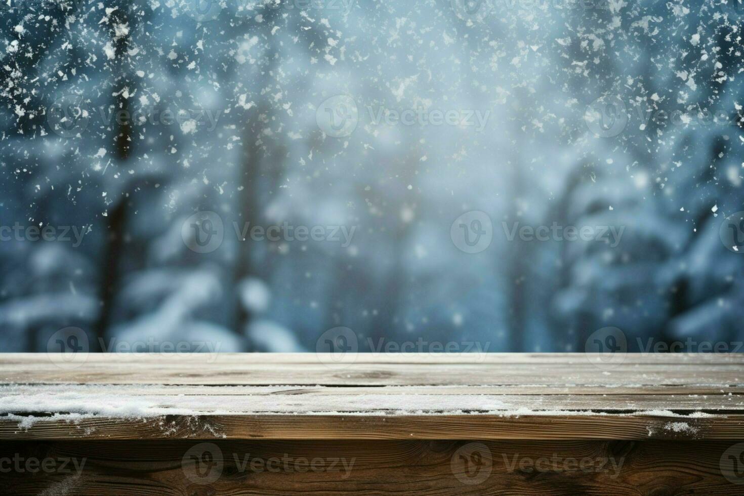 AI generated Empty Winter wood plank board Table With Snowfall AI Generated photo