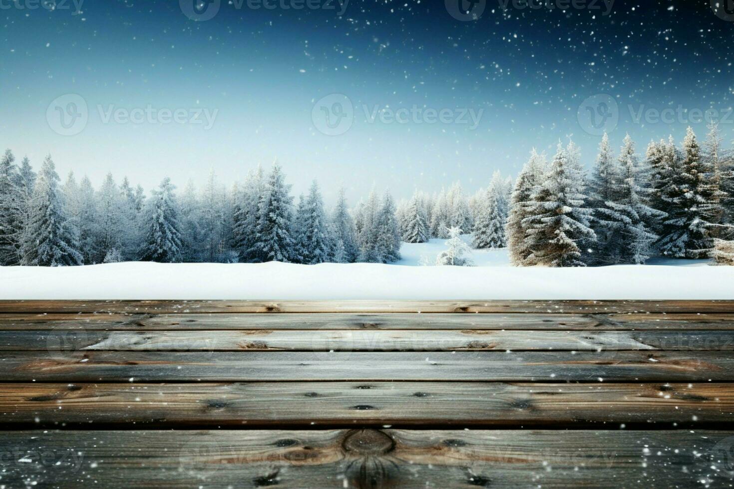 AI generated Empty Winter wood plank board Table With Snowfall AI Generated photo