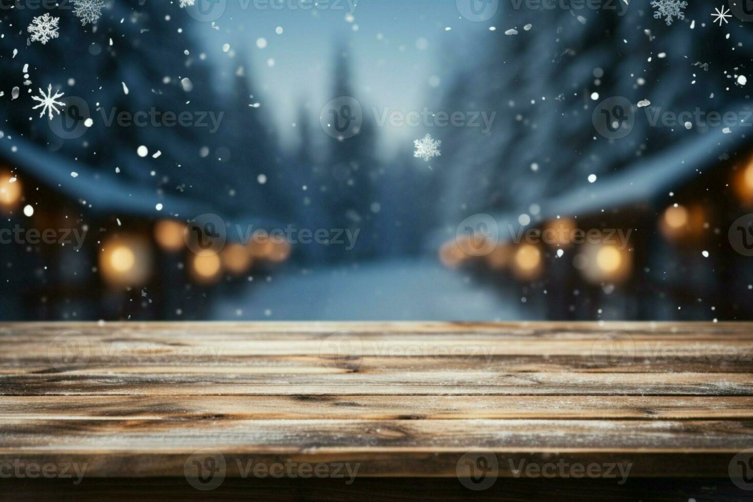 AI generated Empty Winter wood plank board Table With Snowfall AI Generated photo