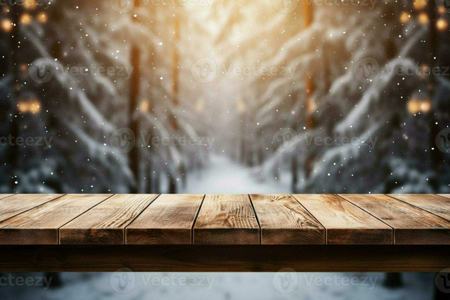 AI generated Empty Winter wood plank board Table With Snowfall AI Generated photo