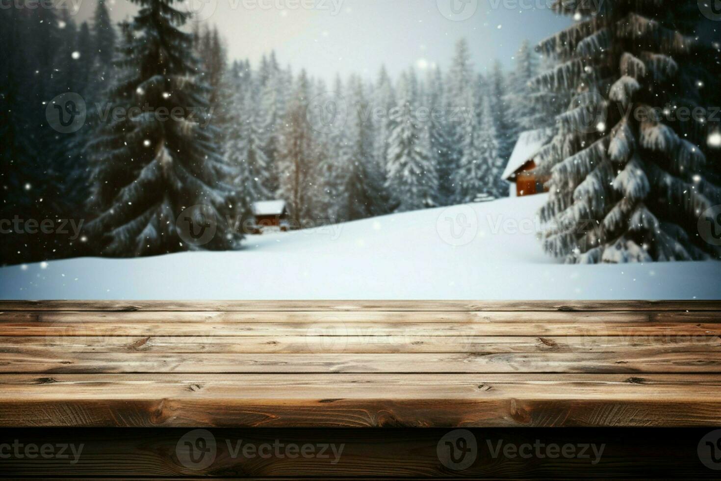 AI generated Empty Winter wood plank board Table With Snowfall AI Generated photo