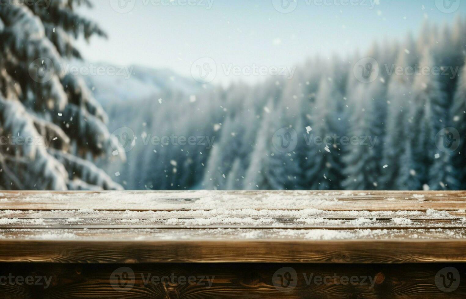 AI generated Empty Winter wood plank board Table With Snowfall AI Generated photo