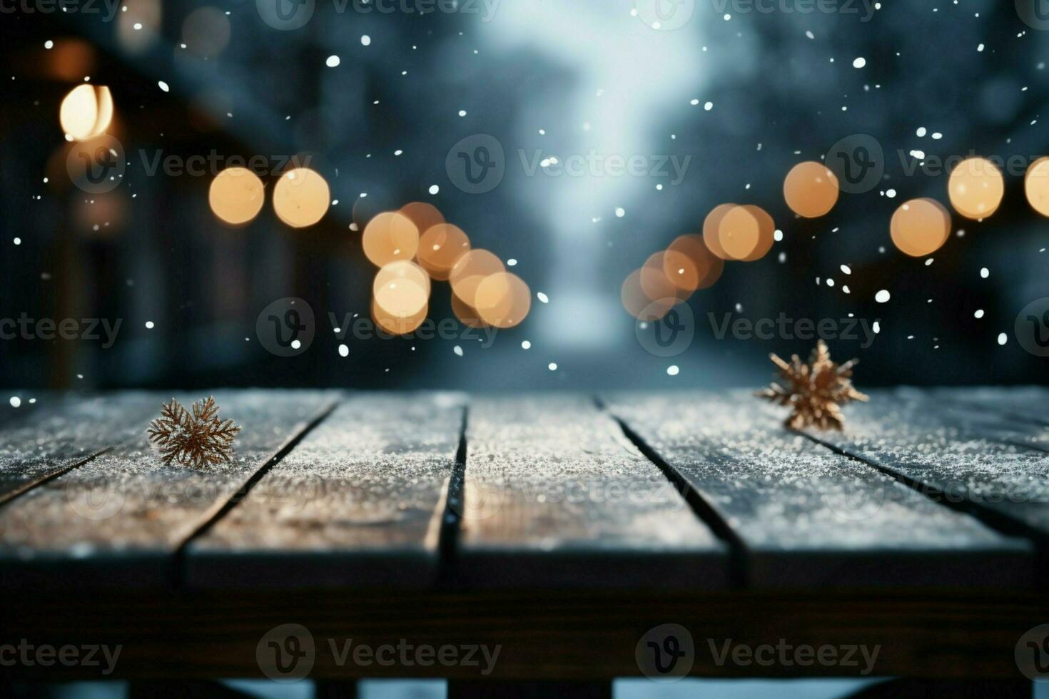 AI generated Empty Winter wood plank board Table With Snowfall AI Generated photo