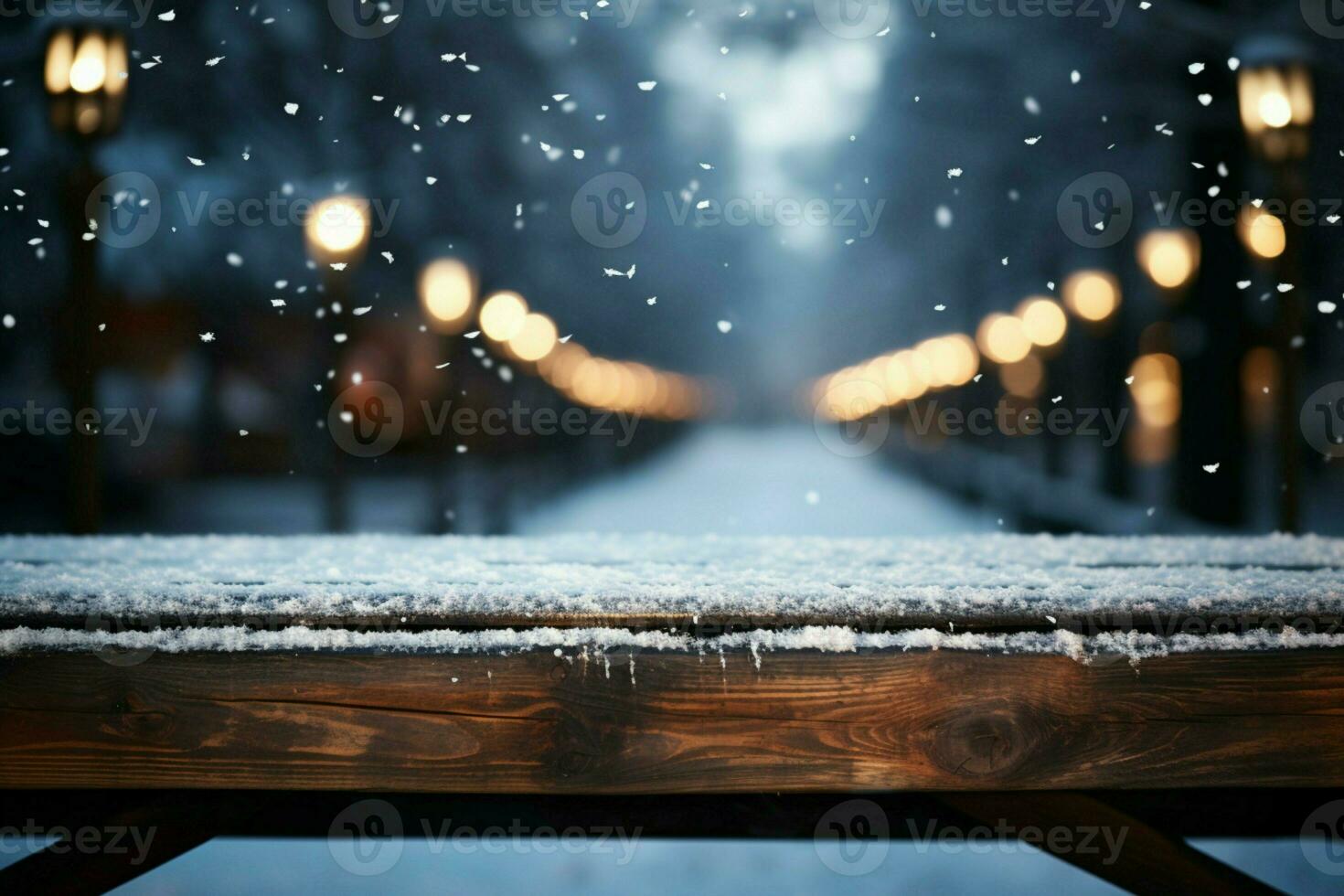 AI generated Empty Winter wood plank board Table With Snowfall AI Generated photo