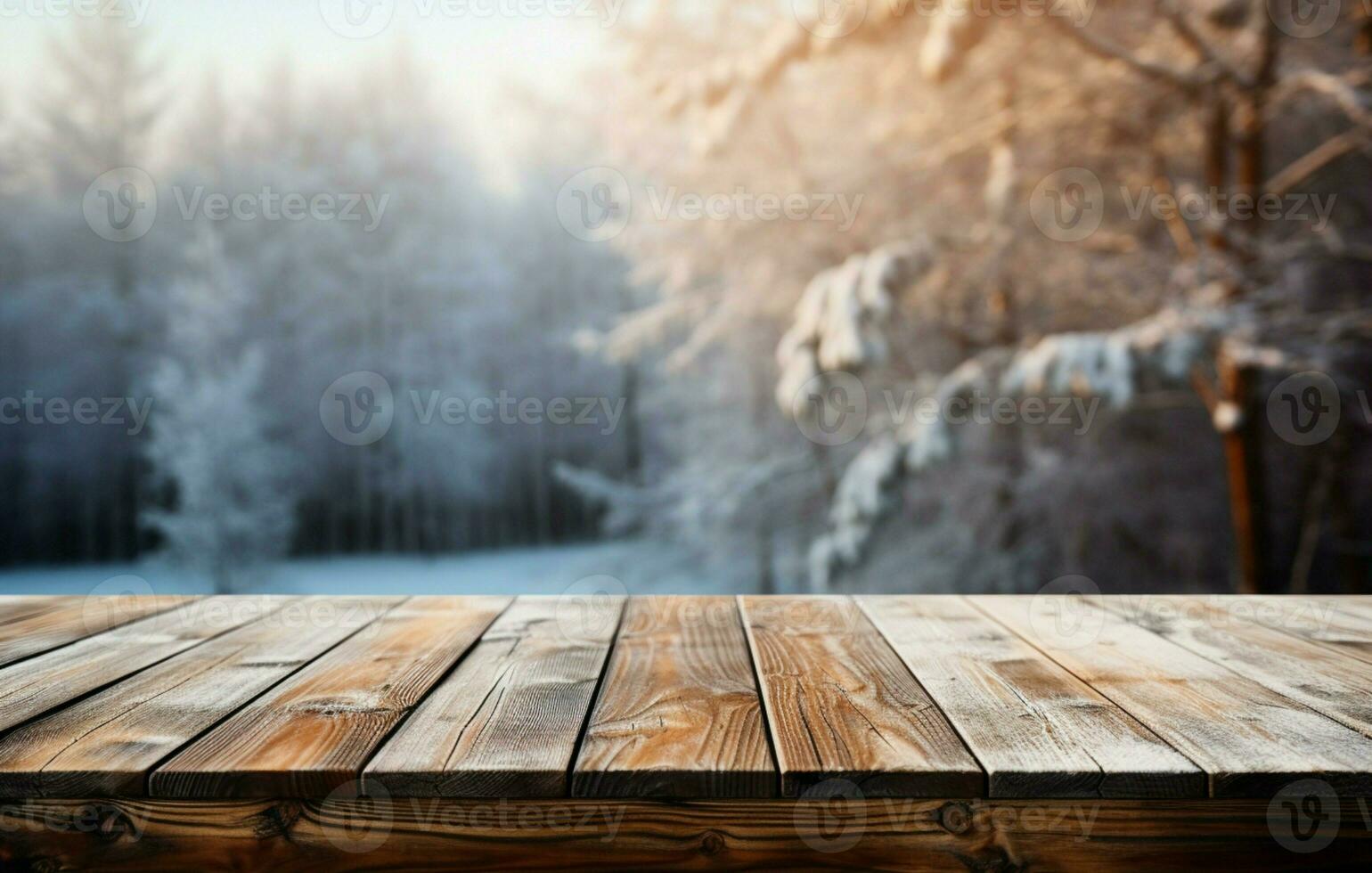 AI generated Empty Winter wood plank board Table With Snowfall AI Generated photo
