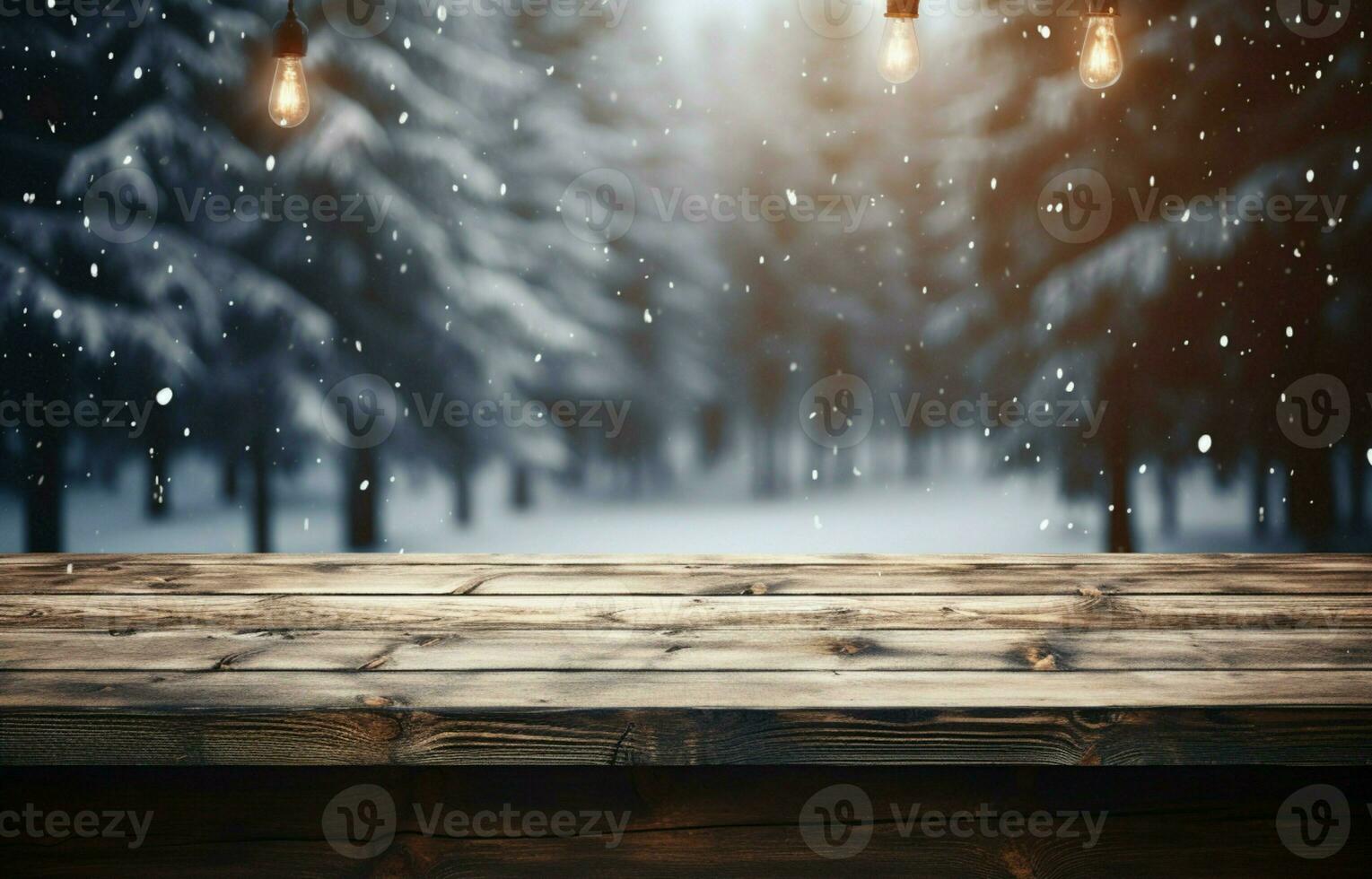 AI generated Empty Winter wood plank board Table With Snowfall AI Generated photo