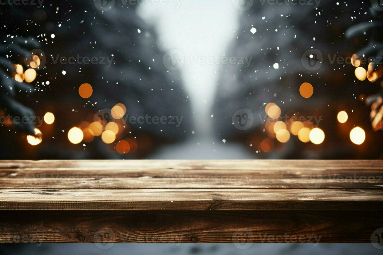 AI generated Empty Winter wood plank board Table With Snowfall AI Generated photo