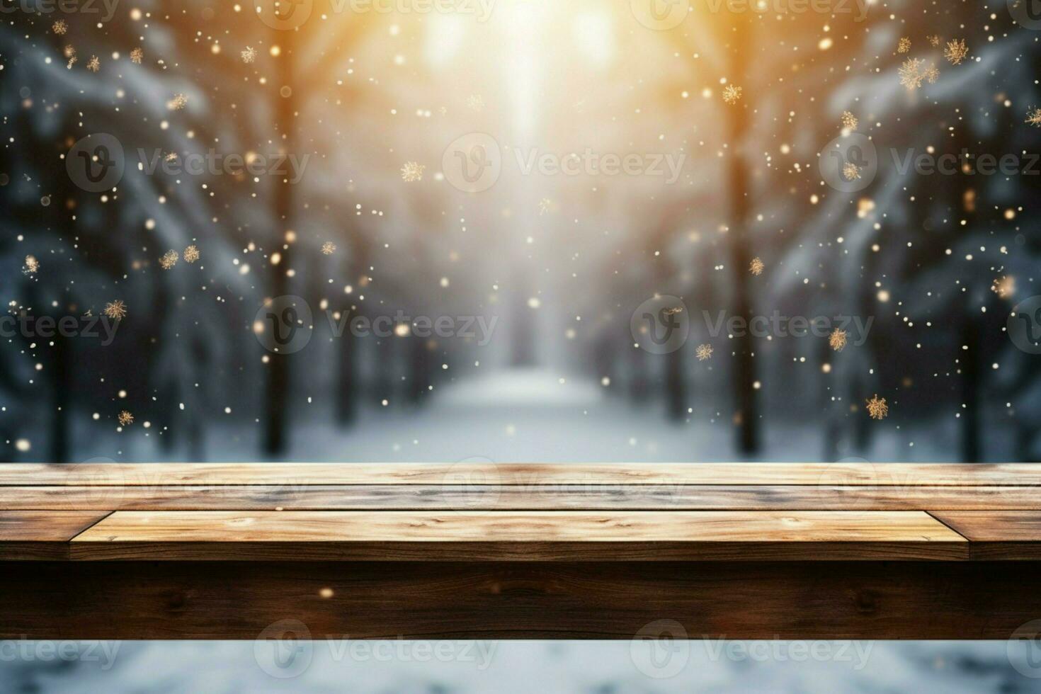 AI generated Empty Winter wood plank board Table With Snowfall AI Generated photo
