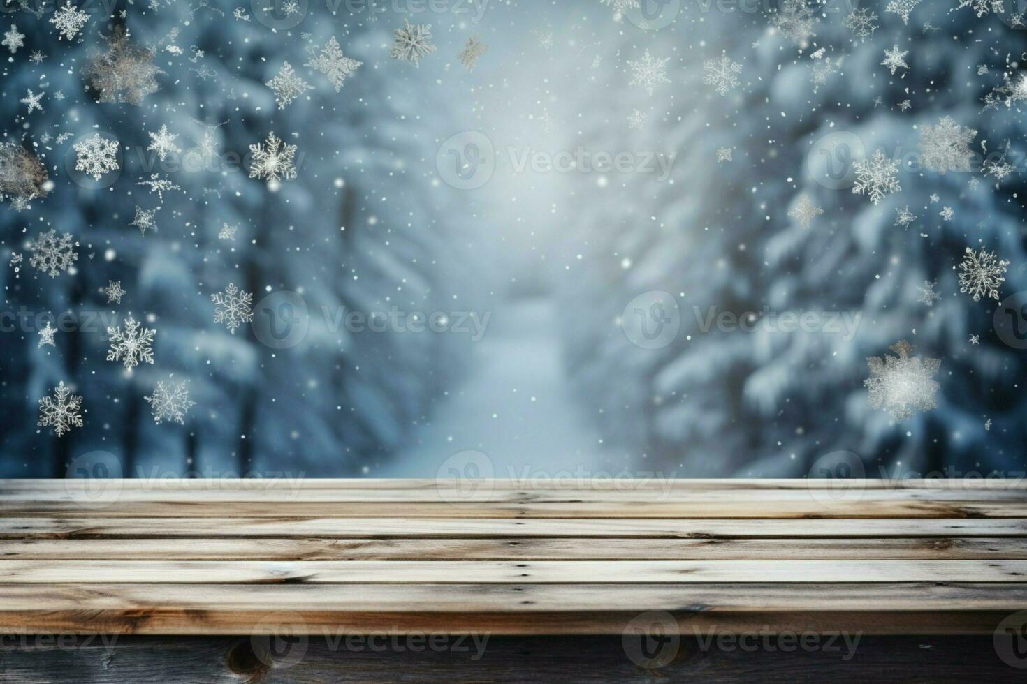 AI generated Empty Winter wood plank board Table With Snowfall AI Generated photo