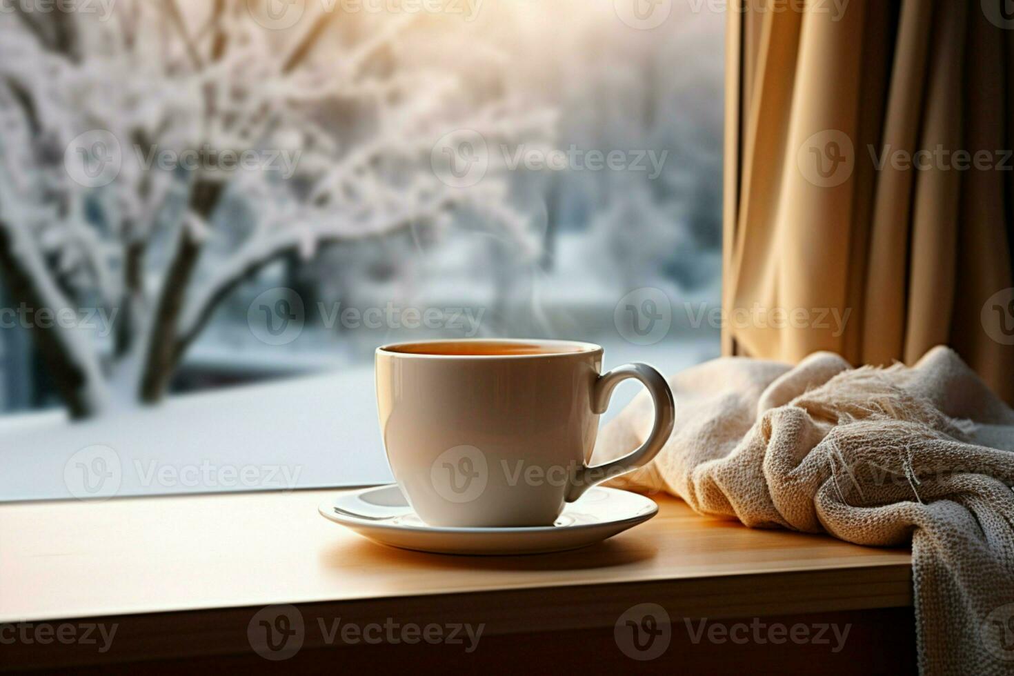 AI generated cup of tea or coffee mug on table near window Winter holidays AI Generated photo