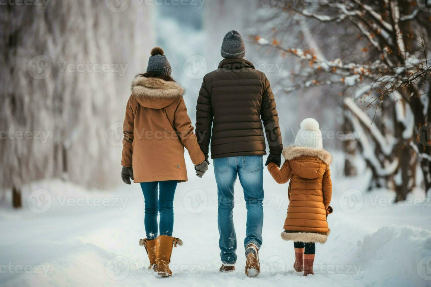 AI generated Rear view of family in winter vacation snowy AI Generated photo