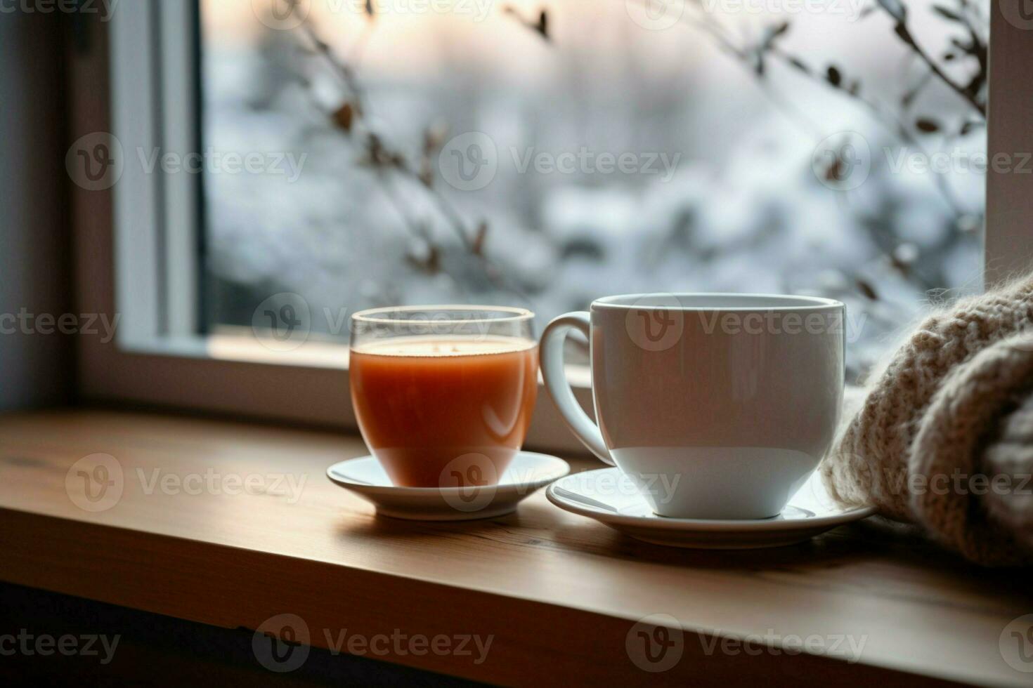 AI generated cup of tea or coffee mug on table near window Winter holidays AI Generated photo