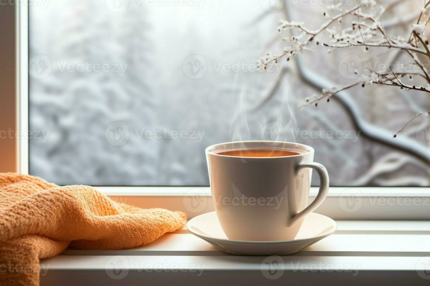 AI generated cup of tea or coffee mug on table near window Winter holidays AI Generated photo