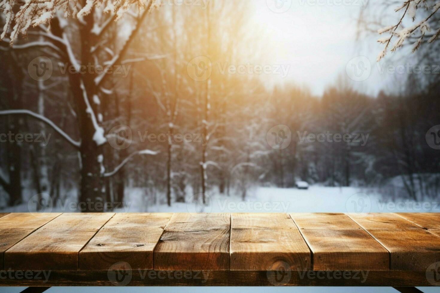 AI generated Empty Winter wood plank board Table With Snowfall AI Generated photo