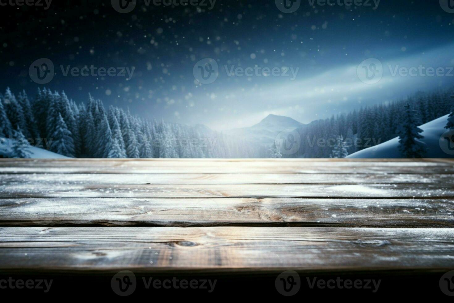 AI generated Empty Winter wood plank board Table With Snowfall AI Generated photo