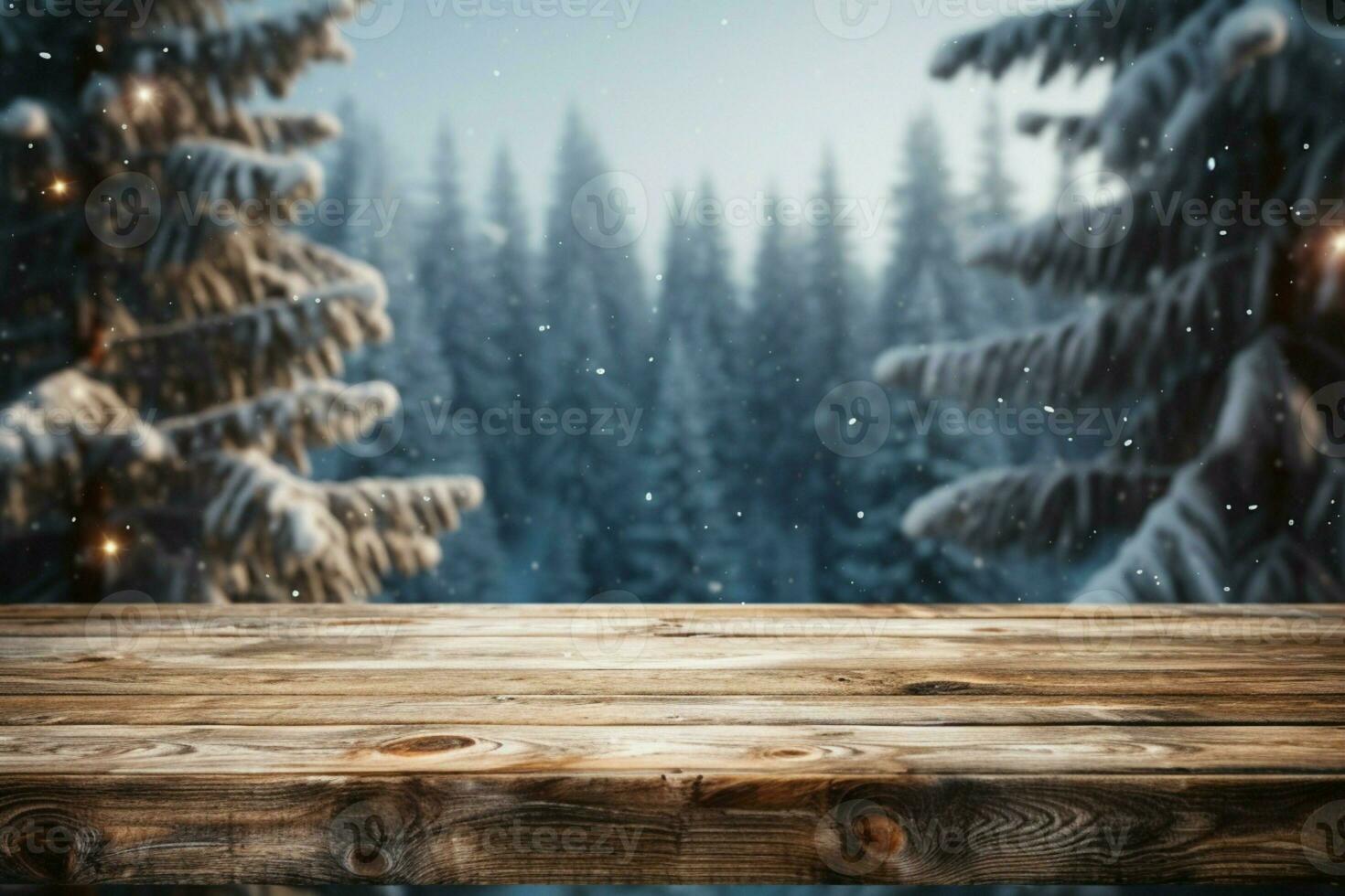 AI generated Empty Winter wood plank board Table With Snowfall AI Generated photo