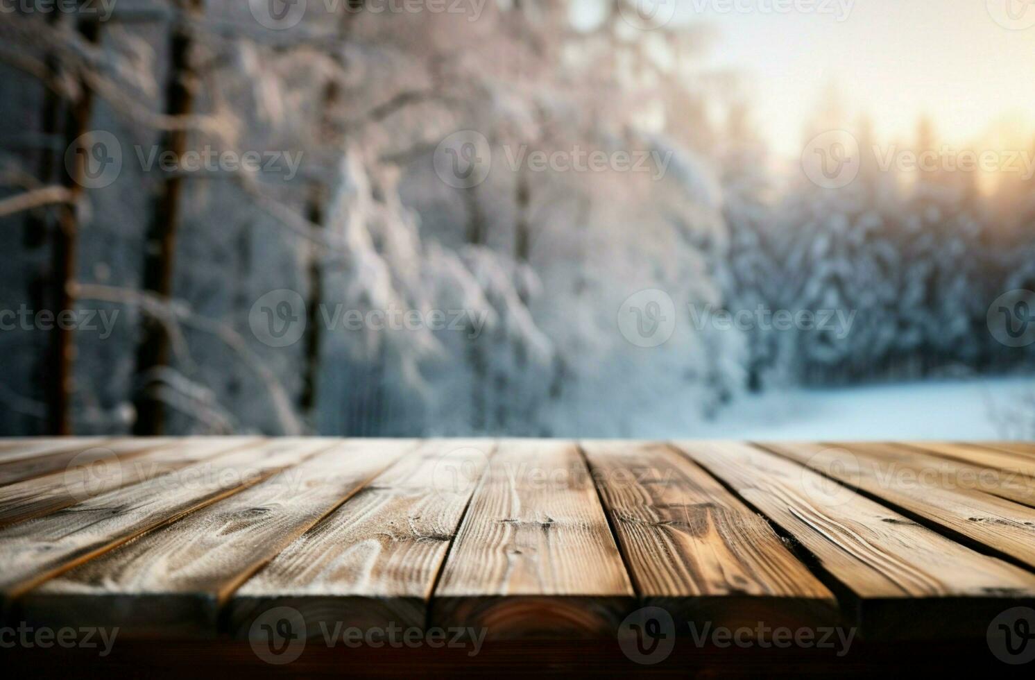 AI generated Empty Winter wood plank board Table With Snowfall AI Generated photo