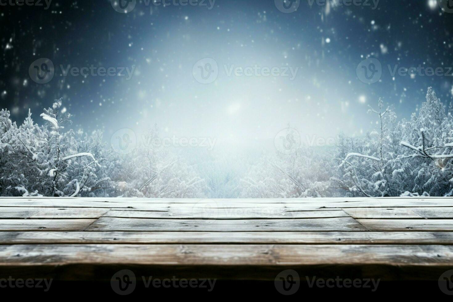 AI generated Empty Winter wood plank board Table With Snowfall AI Generated photo