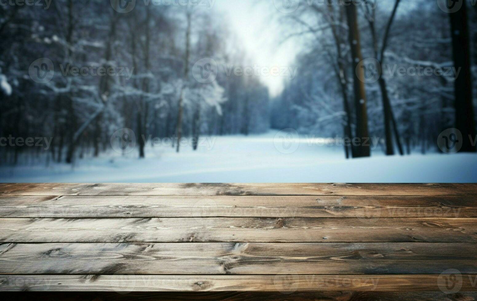AI generated Empty Winter wood plank board Table With Snowfall AI Generated photo