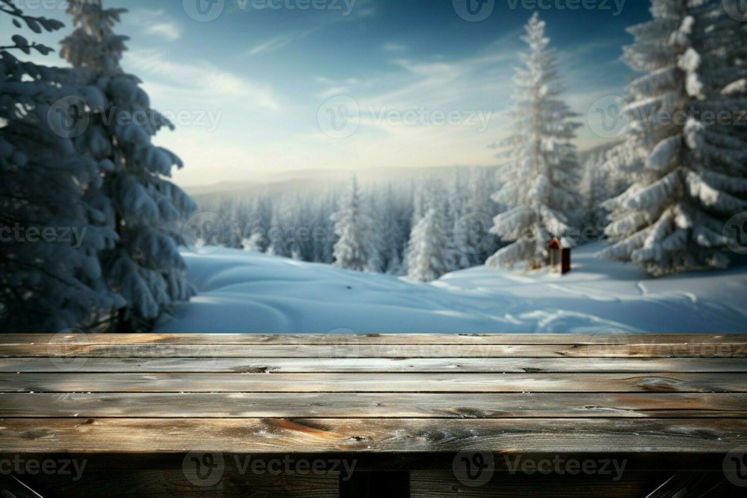 AI generated Empty Winter wood plank board Table With Snowfall AI Generated photo