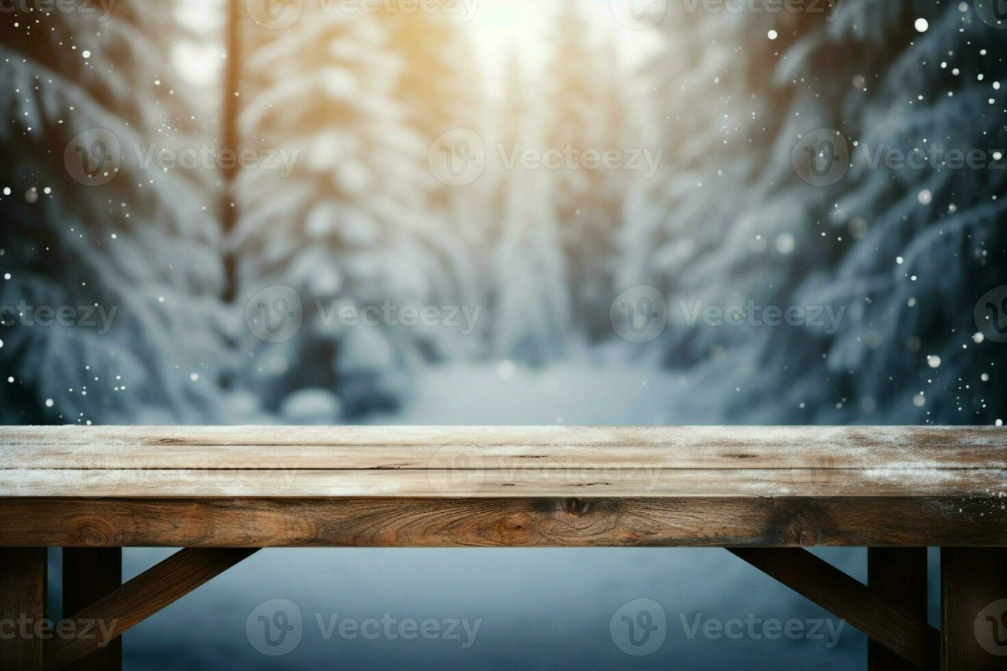 AI generated Empty Winter wood plank board Table With Snowfall AI Generated photo
