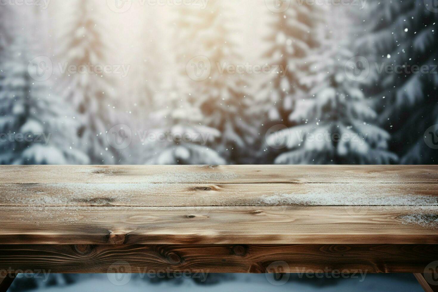 AI generated Empty Winter wood plank board Table With Snowfall AI Generated photo