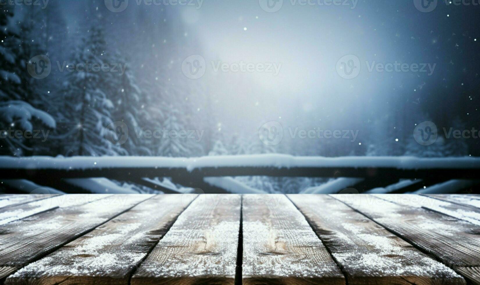 AI generated Empty Winter wood plank board Table With Snowfall AI Generated photo