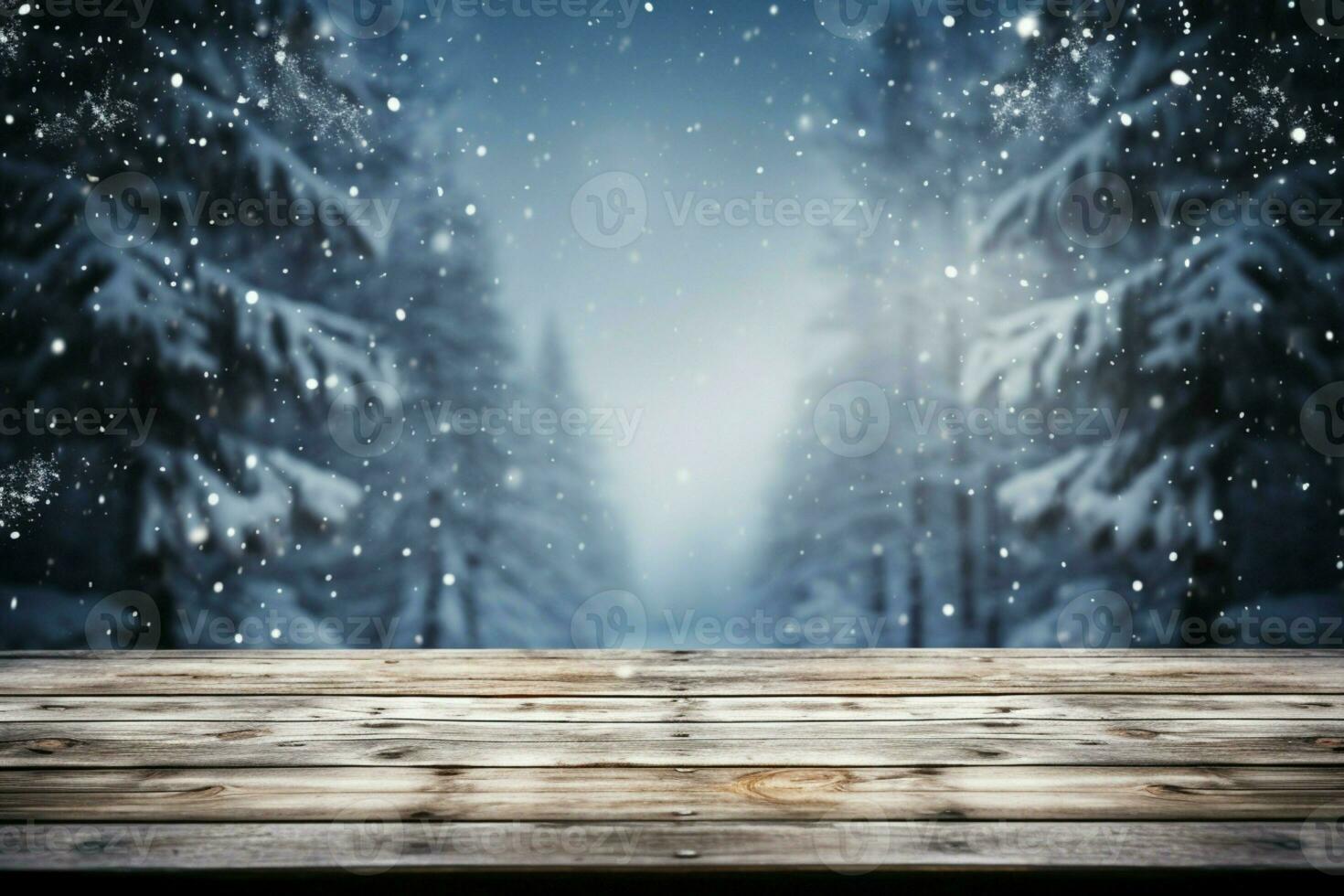 AI generated Empty Winter wood plank board Table With Snowfall AI Generated photo