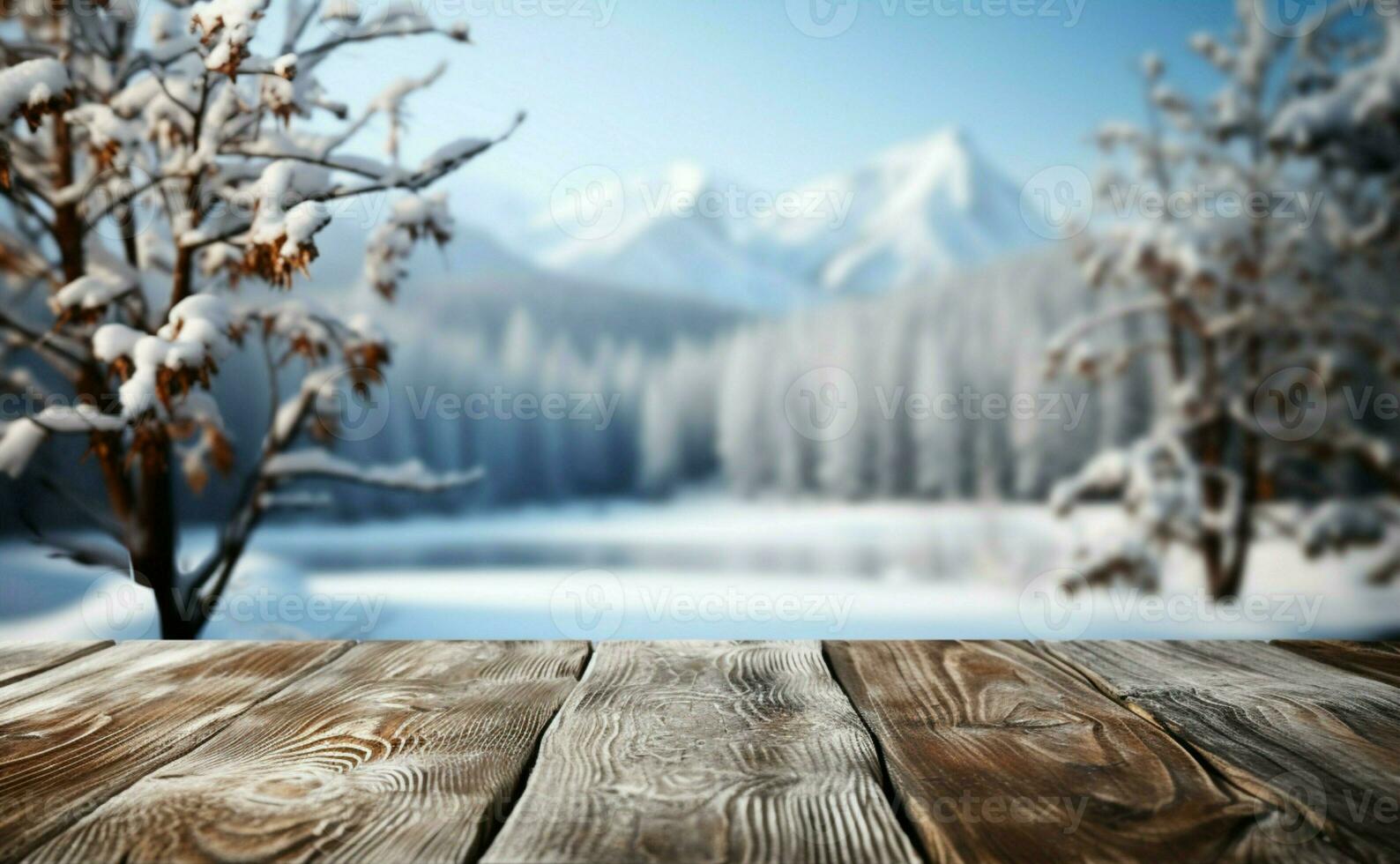 AI generated Empty Winter wood plank board Table With Snowfall AI Generated photo