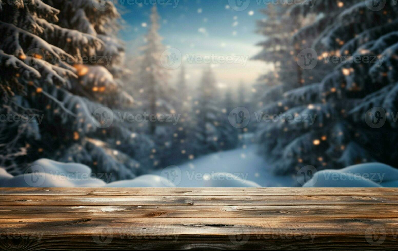 AI generated Empty Winter wood plank board Table With Snowfall AI Generated photo