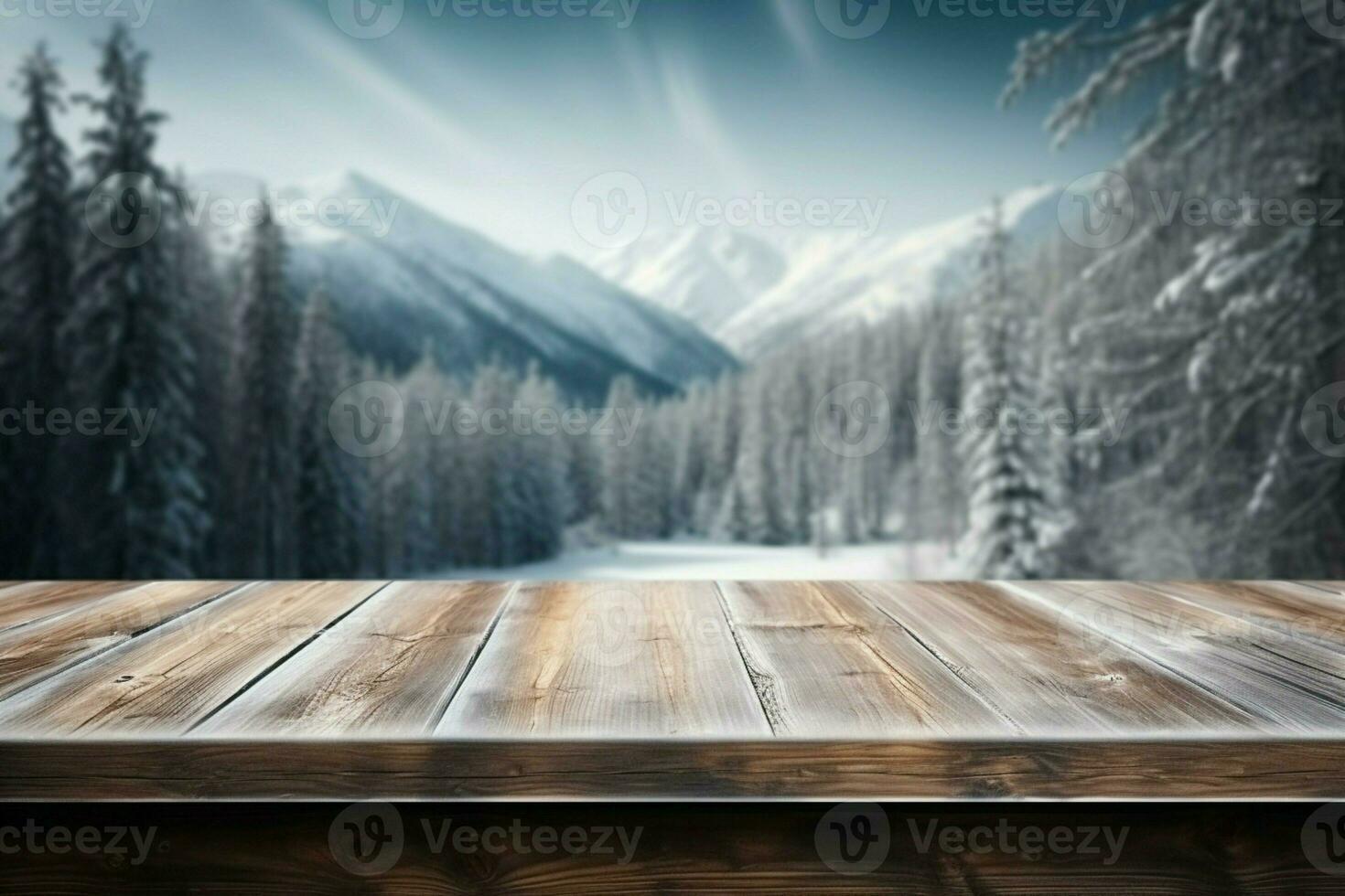 AI generated Empty Winter wood plank board Table With Snowfall AI Generated photo