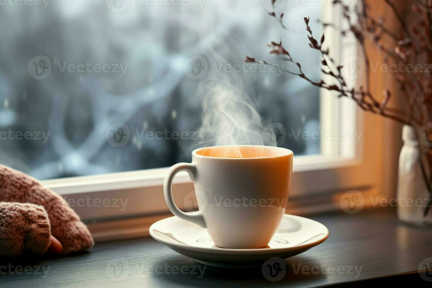 AI generated cup of tea or coffee mug on table near window Winter holidays AI Generated photo